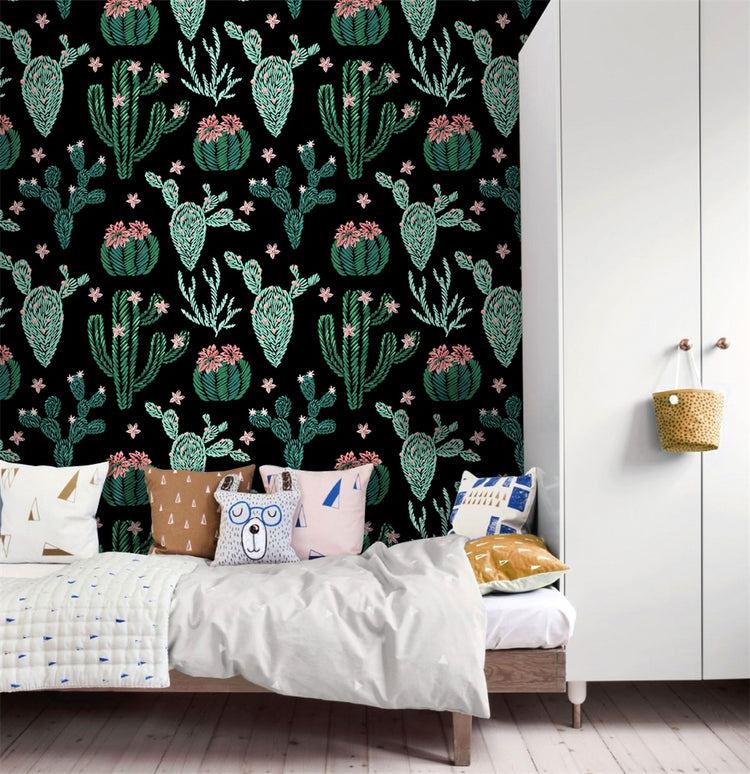 Cartoon Cactus Contact Paper Peel and Stick Black/Green/Pink Botanical Adhesive Shelf Liner Textured Wallpaper