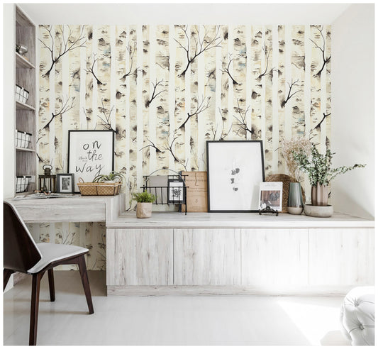 HaokHome 92074 Forest Peel and Stick Wallpaper Birch Tree Mural Beige Removable Wall Paper Sticker Pull and Stick