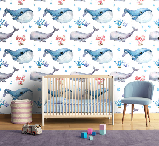 Peel and Stick Wallpaper Cartoon Whale Navy White Removable Nursery Contact Paper Wallpaper for Kids Room