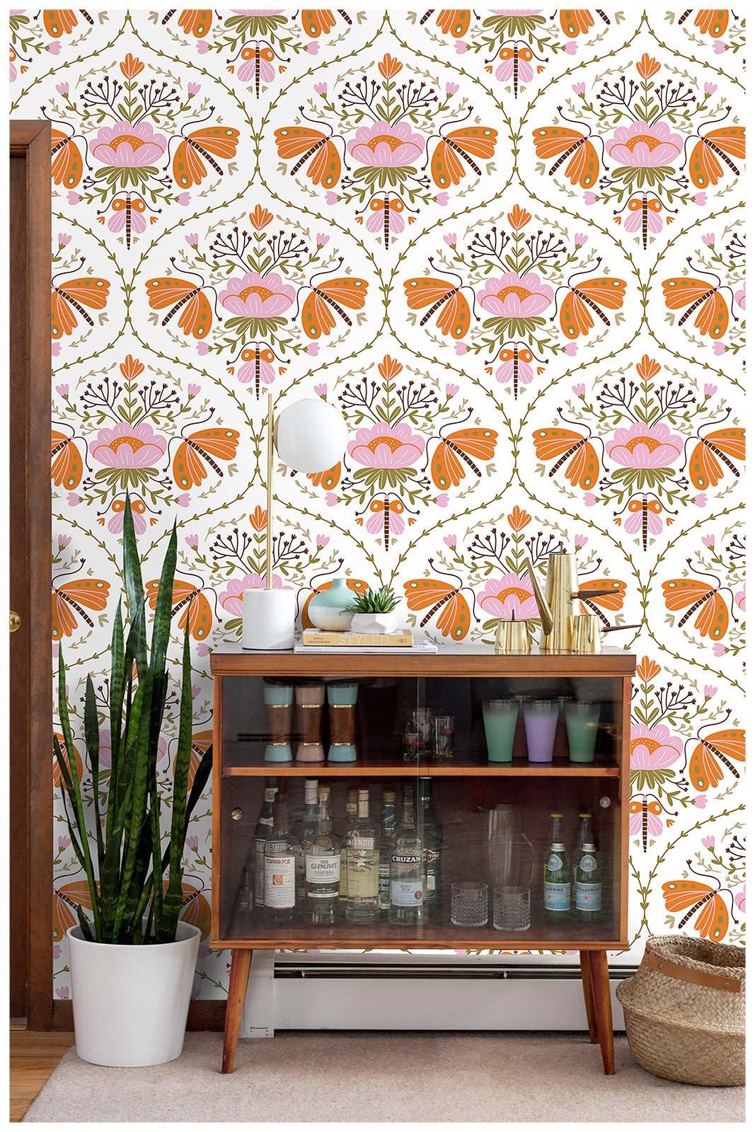 HaokHome 94012 Peel and Stick Wallpaper Damask Flower White Pink Orange Wall Paper for Living Room Bedroom Decor