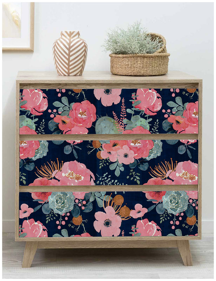 Cute Watercolor Peony and Cactus Wallpaper Navy/Pink/Green
