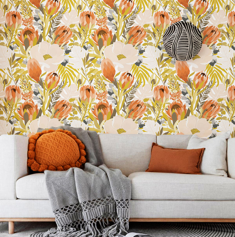 Floral Peel and Stick Wallpaper Orange Vintage Adhesive Contact Paper for Walls