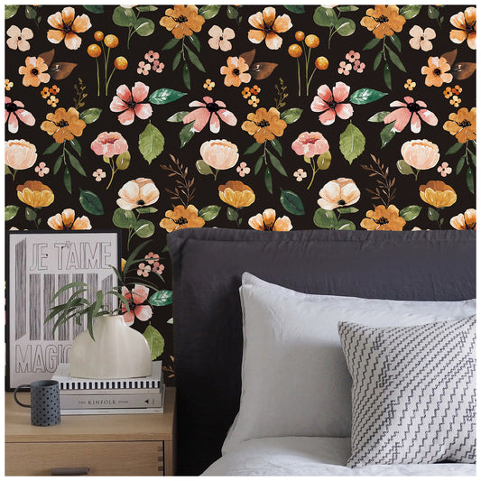 HaokHome 93246-1 Black Floral Removable Peel and Stick Wallpaper