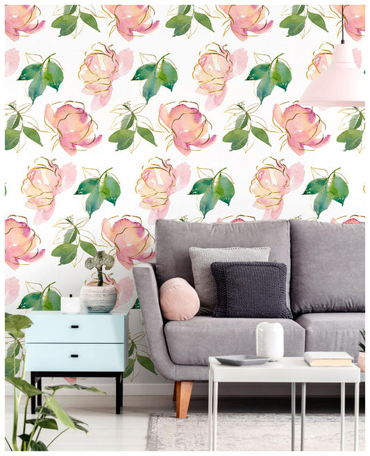 Peel and Stick Wallpaper Floral Pink and Green for Teen Girls Bedroom, Living Room Wall Decor