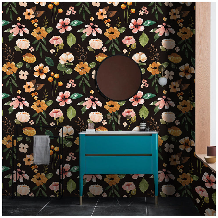 Black Floral Removable Peel and Stick Wallpaper