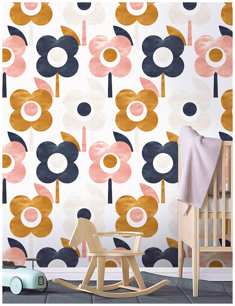 Cute Flower Peel and Stick Wallpaper Removable for Nursery Walls Beige/Brown/Pink/Navy Blue