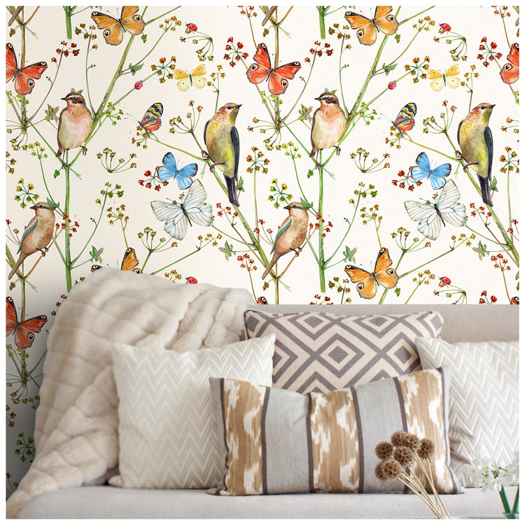 HaokHome 93155 Vintage Peel and Stick Wallpaper Birds Butterfies Floral Beige Stick on Home Decor