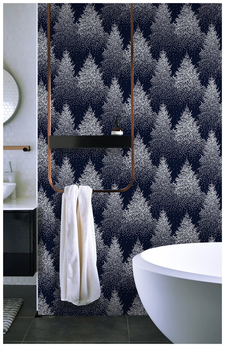 Christmas Wallpaper Conifer Forest Tree Peel and Stick Wallpaper Snowflake Navy Removable Wall Paper