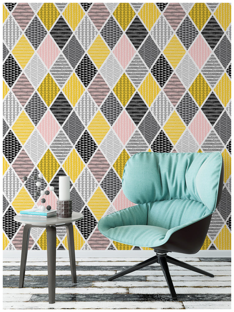 Modern Peel and Stick Tiles Rhombus Geometric Patterned Wallpaper Self Adhesive for Bedroom Pink/Yellow/Black/Grey/White