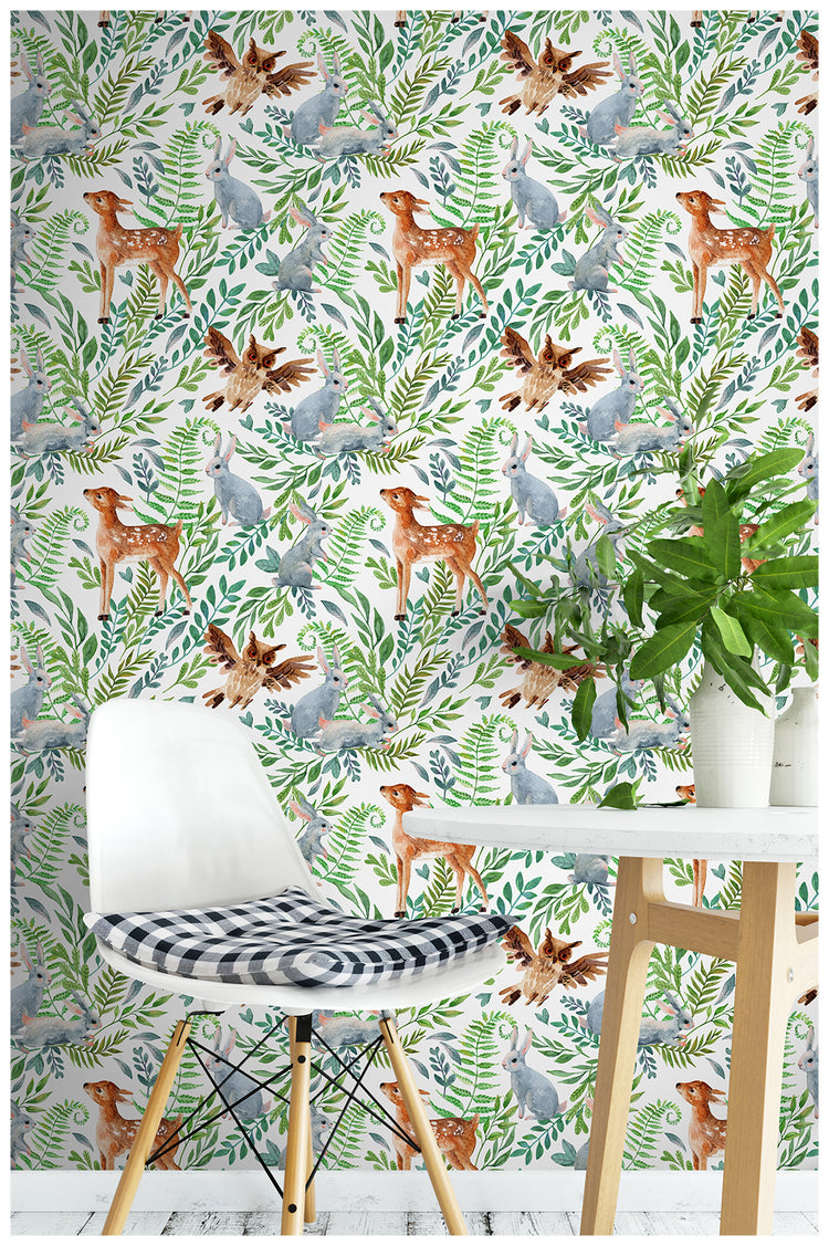 Forest Wallpaper Fairy Animals Peel and Stick Wallpaper with Deer Rabbit Owl Patterned Kids Wallpaper