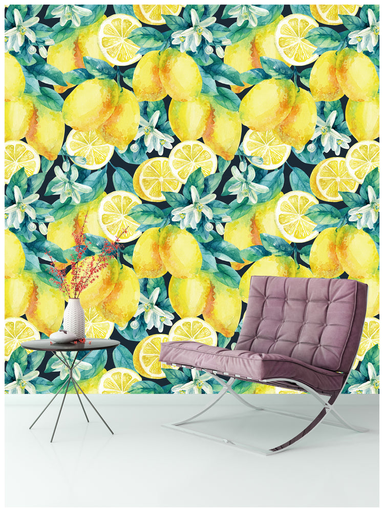 Summer Lemon Tree Wallpaper Peel and Stick Boho Fruit Textured Wall Paper Removable for Bedroom Nursery Decorations, Green/Yellow
