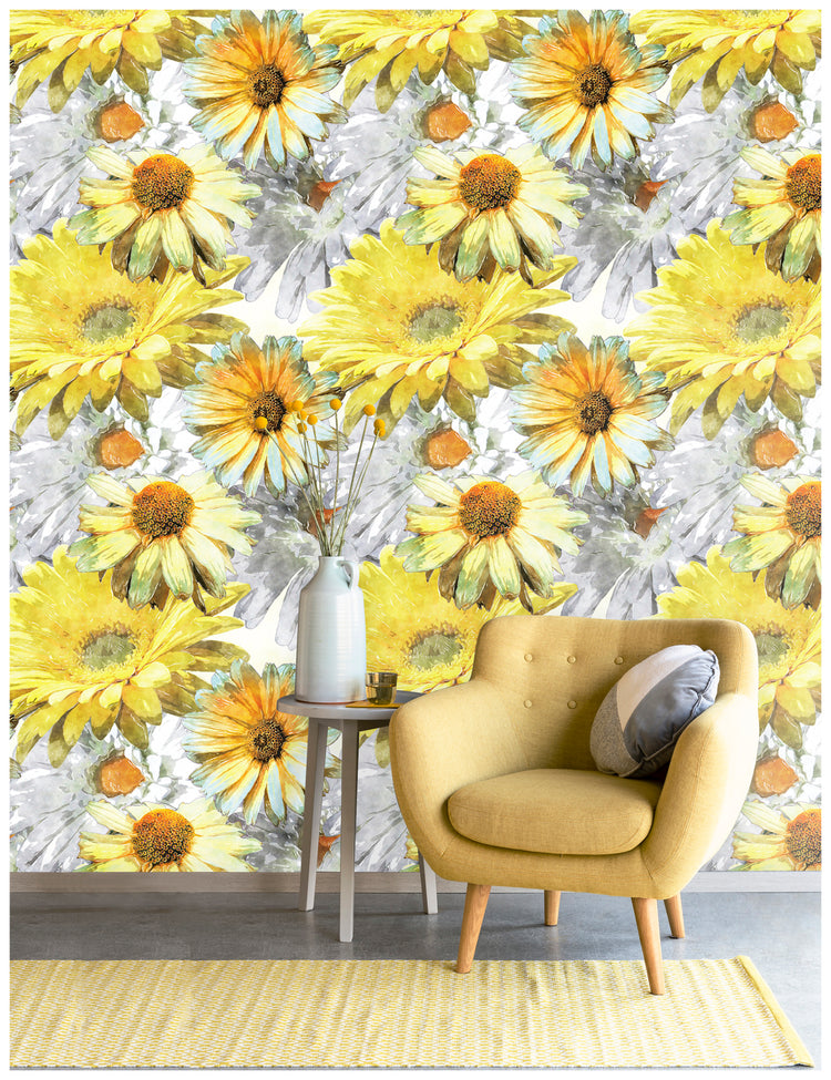 Vintage Sunflower Peel and Stick Wallpaper Yellow Grey Flowers Floral Wall Murals
