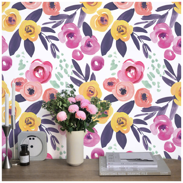 Floral Peel and Stick Wallpaper Watercolor Purple Flowers Boho Wallpaper