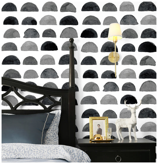 HaokHome 96098-2 Watercolor Brush Strokes Scallop Boho Black Peel and Stick Wallpaper Wall Room Decor
