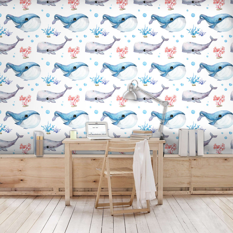 Peel and Stick Wallpaper Cartoon Whale Navy White Removable Nursery Contact Paper Wallpaper for Kids Room