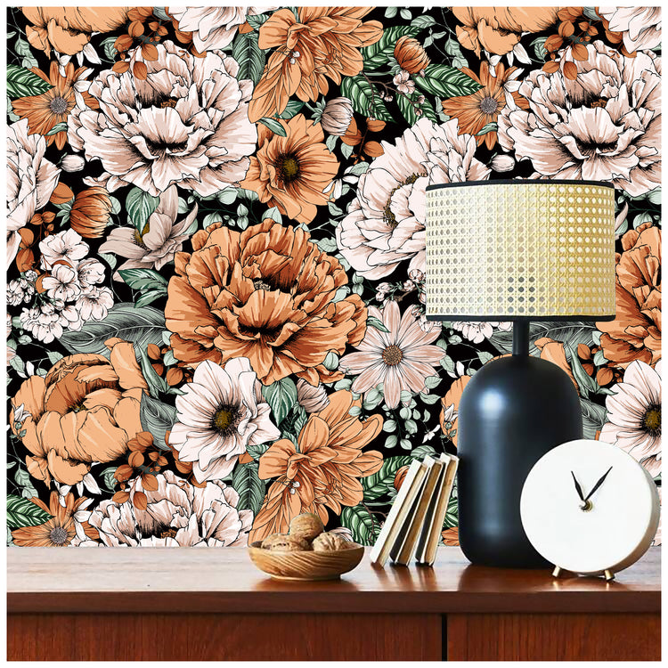 HaokHome 93191 Black Peel and Stick Wallpaper Vintage Peony Stick on Wall Paper Self Adhesive Mural for Home Decoration