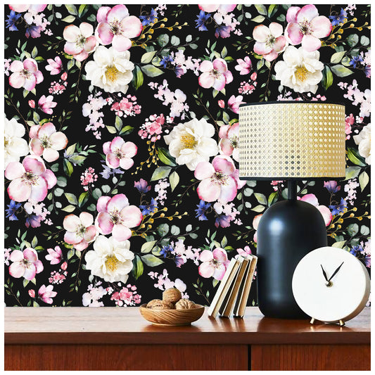 HaokHome 93170-1 Black/Pink Floral Peel and Stick Wallpaper Self Adhesive Mural Decorations