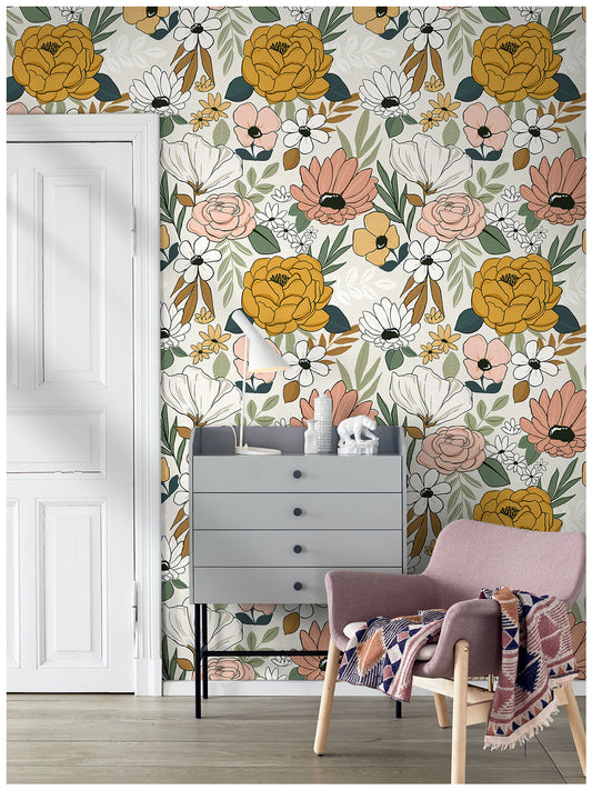 HaokHome 93217-2 Vintage Floral Peel and Stick Wallpaper Removable Daisy Leaf Contact Wallpaper