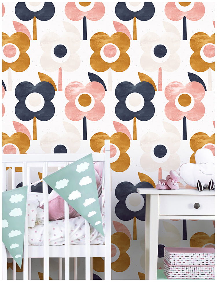 Cute Flower Peel and Stick Wallpaper Removable for Nursery Walls Beige/Brown/Pink/Navy Blue