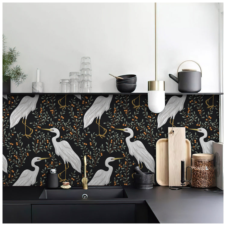 Classical Crane Peel and Stick Wallpaper Forest for Bedroom Removable Decorations