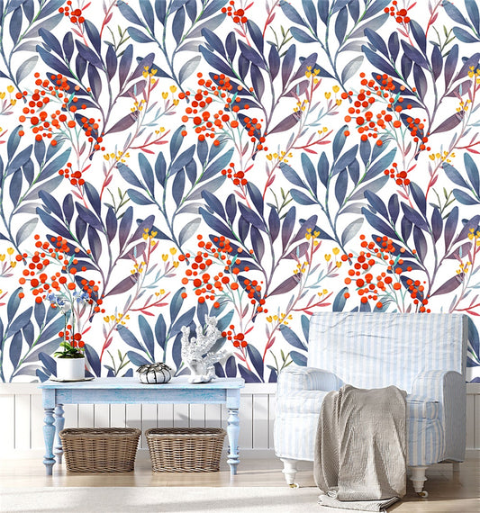 HaokHome 93031 Watercolor Floral Peel and Stick Wallpaper Blue Red Leaf Vinyl Self Adhesive Shelf Liner Contact Paper