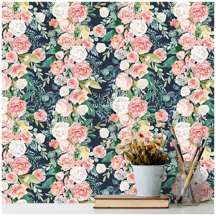 HaokHome 93118 Rose Wallpaper Floral Peel and Stick Wallpaper Pink Blooming Flowers Bouquet Boho Contact Paper
