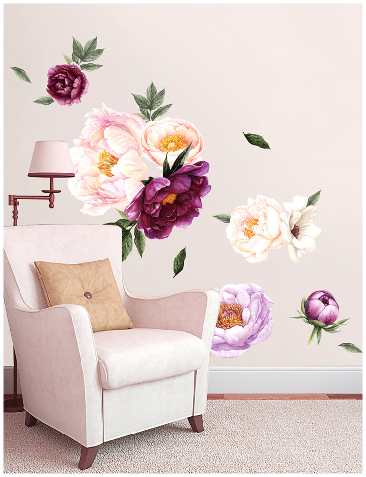 Peony Flowers Wall Sticker Nursery Decor Simple Shapes Peel and Stick Removable Room Decal