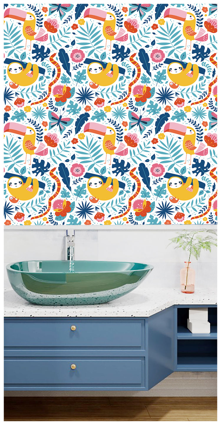 Cute Peel and Stick Wallpaper with Parrot and Sloth Patterned for Nursery Kid Rooms Deco