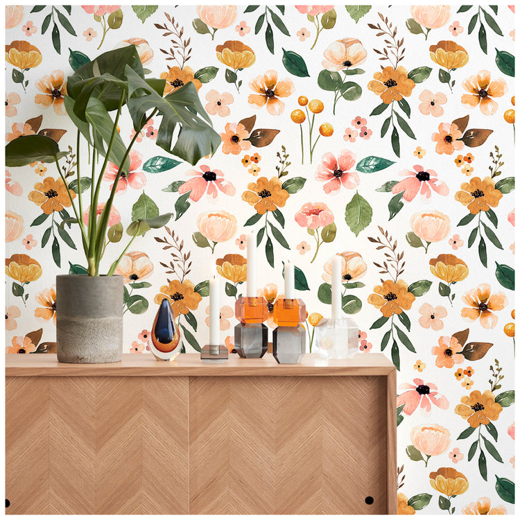 White Floral Removable Wallpaper Peel and Stick Cute Flower Leaf Wall Paper Rolls for Walls Self Adhesive Wallpaper
