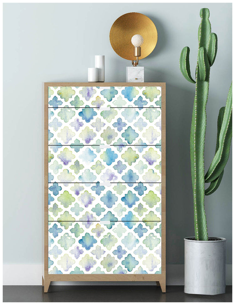 HaokHome 96032 Geometric Peel and Stick Wallpaper Tiles Blue Green White Watercolor Trellies Murals Wall Paper