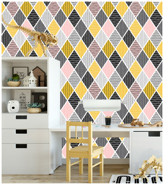 HaokHome 96036 Modern Peel and Stick Tiles Rhombus Geometric Patterned Wallpaper Self Adhesive for Bedroom Pink/Yellow/Black/Grey/White