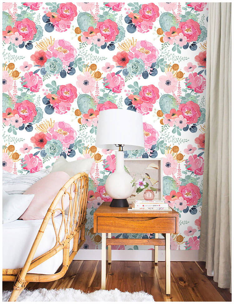 Cute Watercolor Peony and Cactus Wallpaper Peel and Stick Floral Wallpaper White/Pink/Green