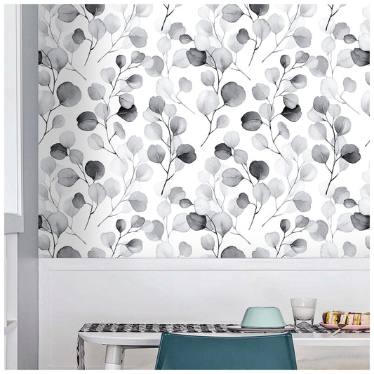 HaokHome 93044-2 Eucalyptus Leaf Peel and Stick Wallpaper Botantical Removable Decor Wall Mural, Black and White