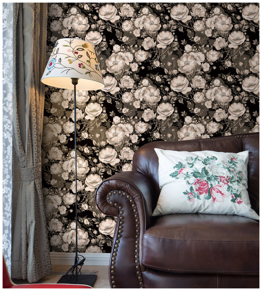 HaokHome 93226 Black Floral Peel and Stick Wallpaper Removable Self Adhesive Decorative