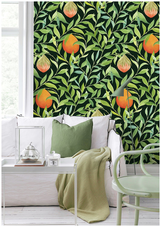 HaokHome 93055-1 Orange Fruits Leaf Peel Stick Wallpaper Floral Lemon Removable Black Wall Mural Wall Paper