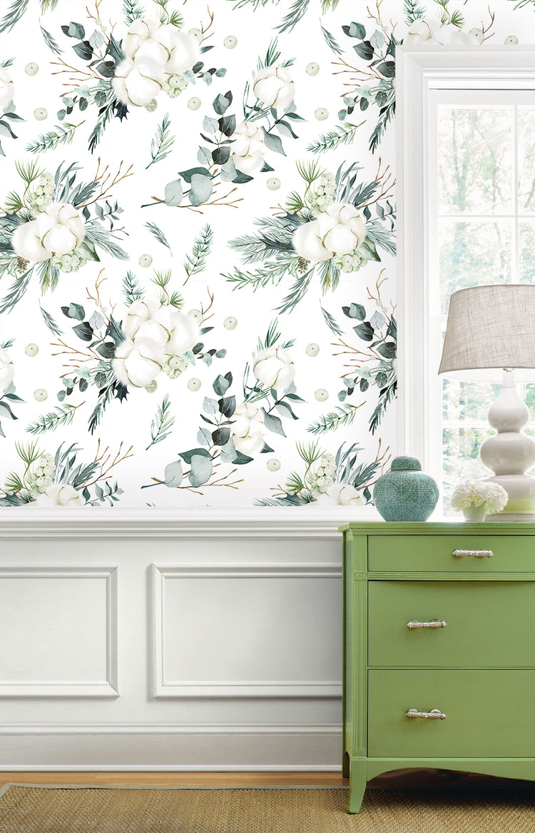 HaokHome 93261-1 Boho Wallpaper Peel and Stick Green White Cotton Flower Waterproof Wall Paper