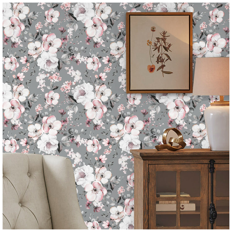 Grey/Pink Floral Peel and Stick Wallpaper Self Adhesive Mural Decorations