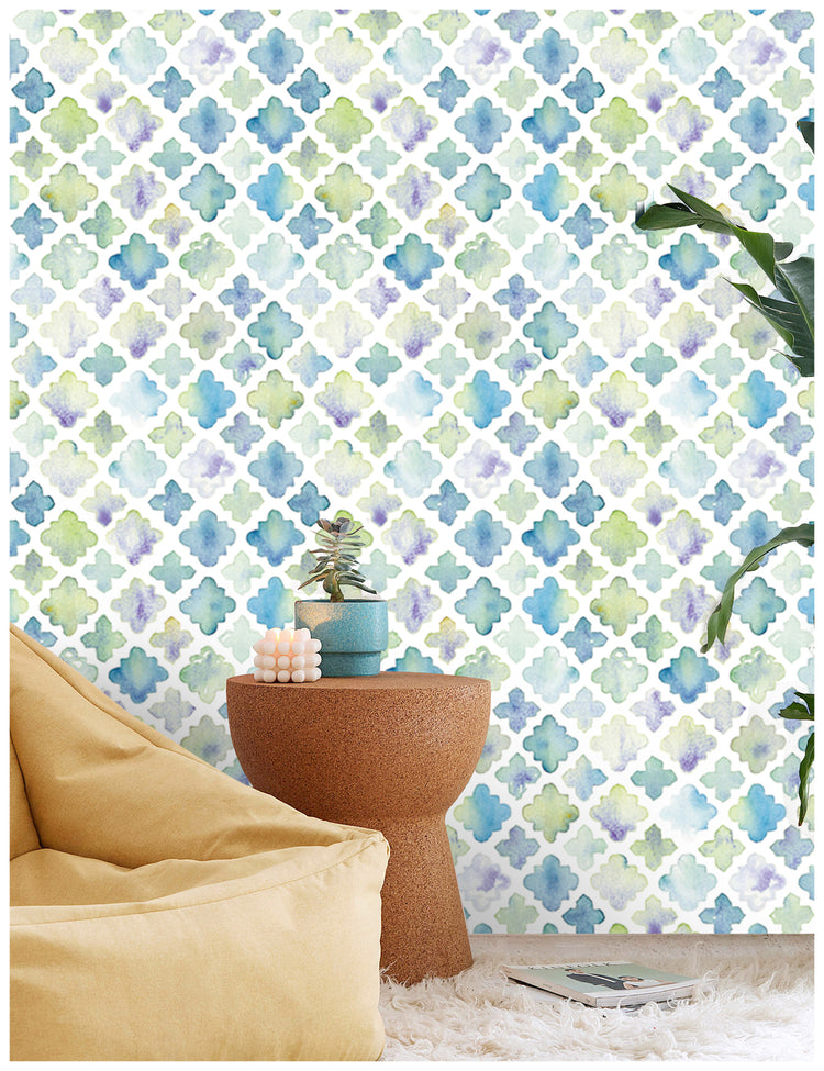 Geometric Peel and Stick Wallpaper Tiles Blue Green White Watercolor Trellies Murals Wall Paper