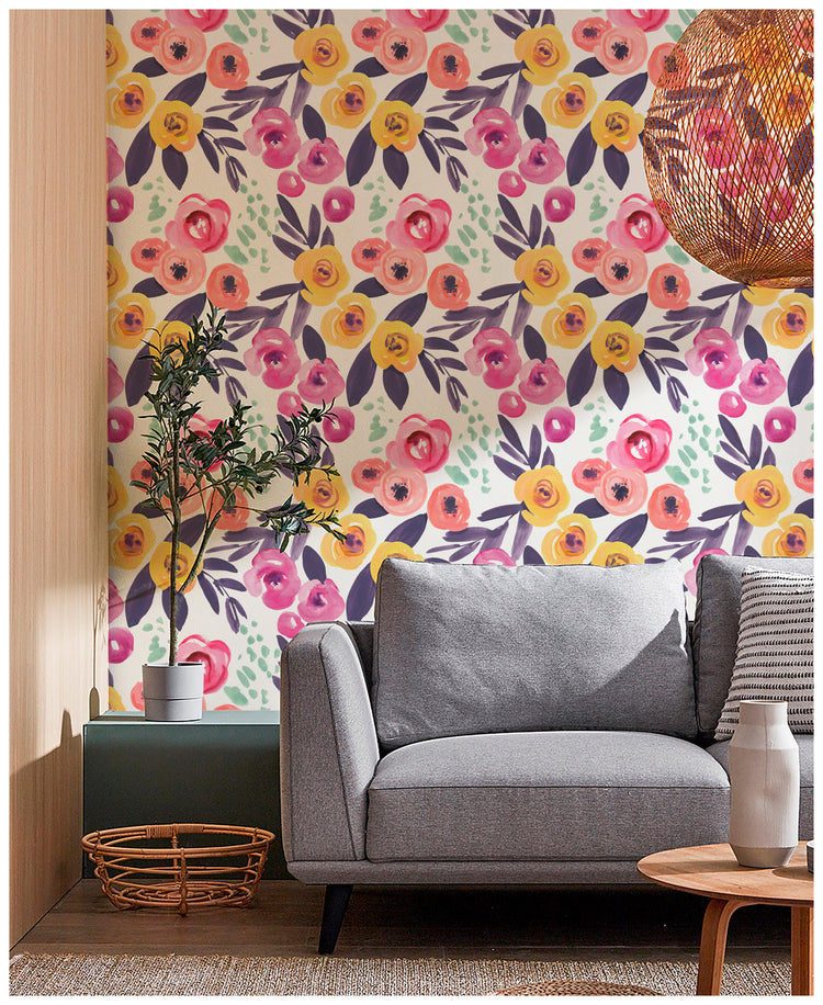 Floral Peel and Stick Wallpaper Watercolor Purple Flowers Boho Wallpaper