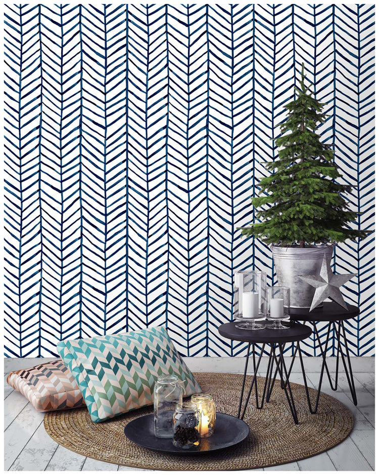 Navy Wallpaper Herringbone Stripe Modern Contact Wall Paper for Cabinets Bathroom Decorative Pasted Wall Paper Rolls