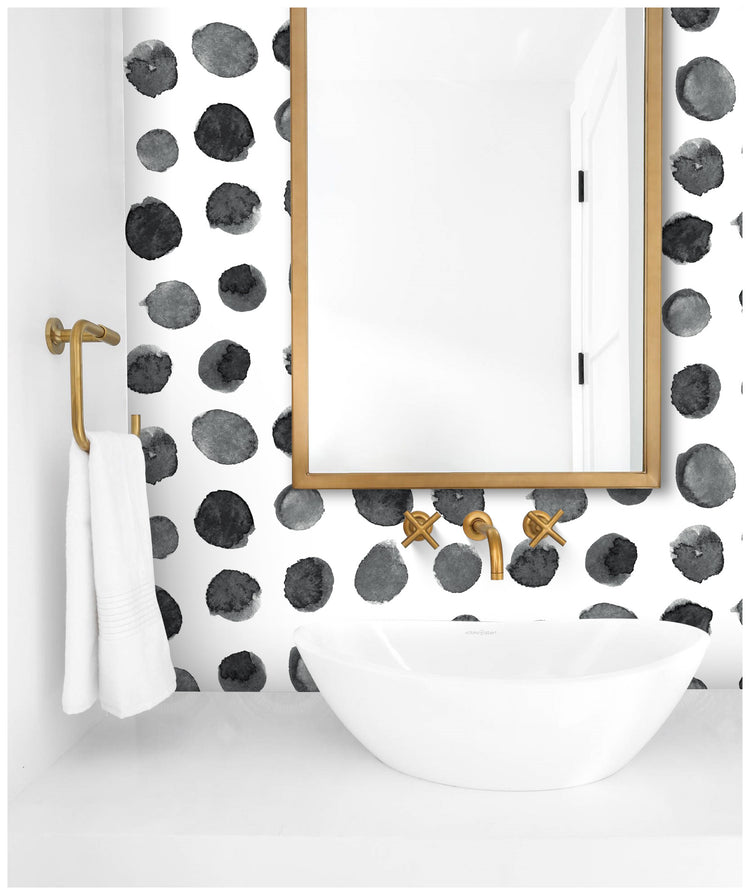 HaokHome 96099-2 Watercolor Black Dots Peel and Stick Wallpaper Polka Dots Brush Strokes Contact Wall Paper Rolls for Walls