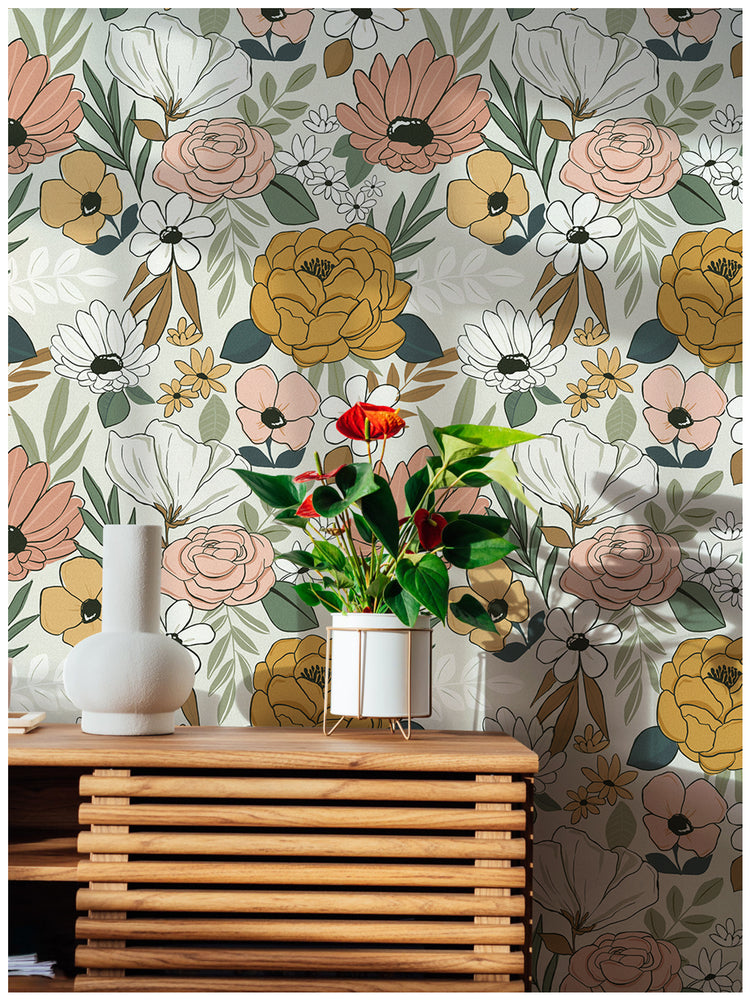 Vintage Floral Peel and Stick Wallpaper Removable Daisy Leaf Contact Wallpaper