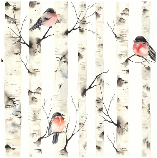 HaokHome 92075 Birch Tree Peel and Stick Wallpaper Forest Birds Mural White/Beige Wall Paper Sticker