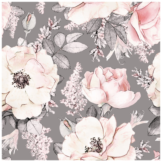 Peony Floral Peel and Stick Wallpaper Removable Grey Pink Flowers Leaf Shelf Liner Contact Paper