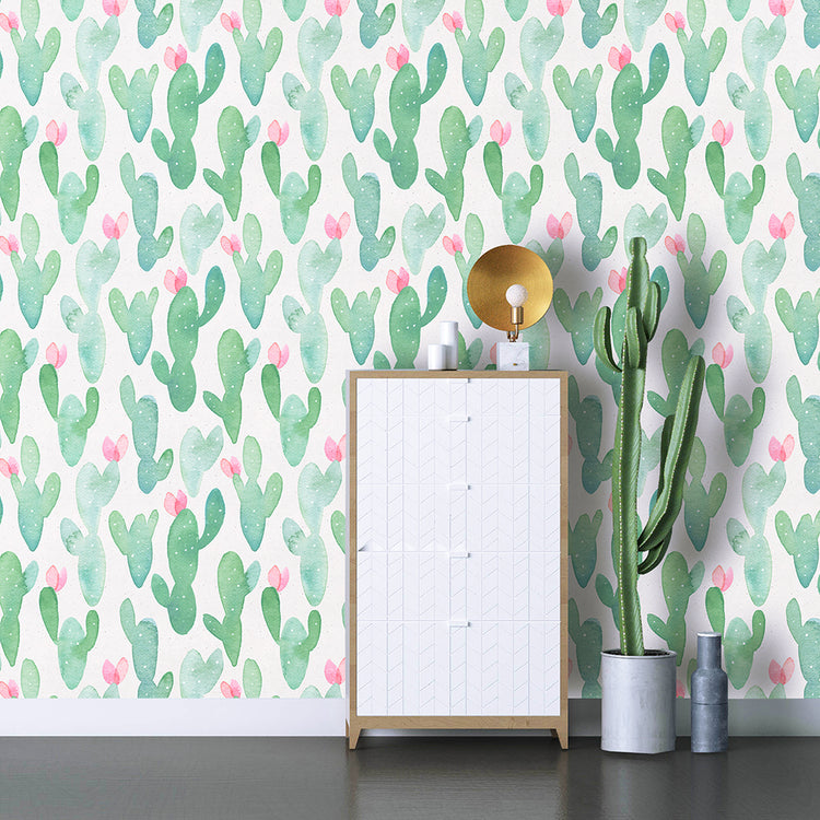HaokHome 93014 Watercolor Cactus Peel and Stick Wallpaper Removable Contact Wall Paper Sticker Pull for Cabinets Lockers, Green and Pink