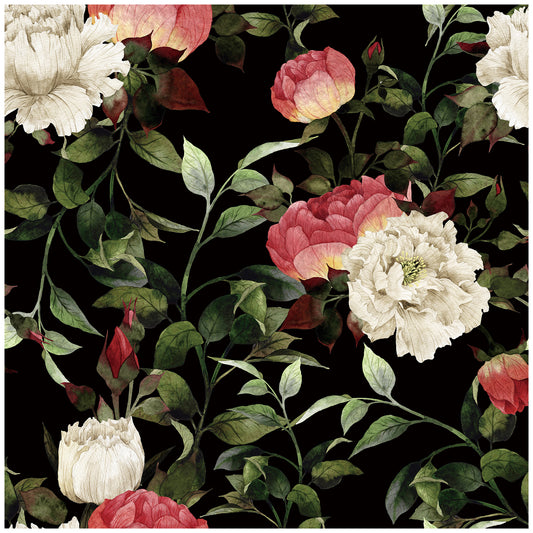 Retro Black Floral Wallpaper Peony Red White Flowers Wall Decals Removable Wallpaper