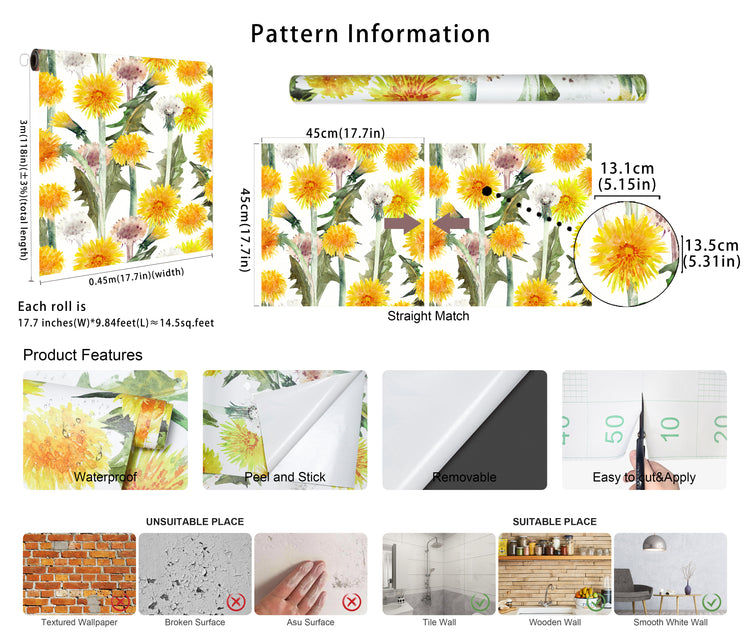 Dandelion Peel and Stick Wallpaper Yellow Floral Wall Paper Self Adhesive Stick On Contact Paper for Bedroom Bathroom Classroom