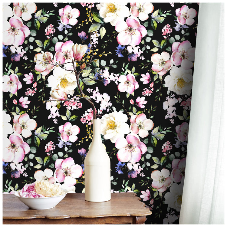 Black/Pink Floral Peel and Stick Wallpaper Self Adhesive Mural Decorations