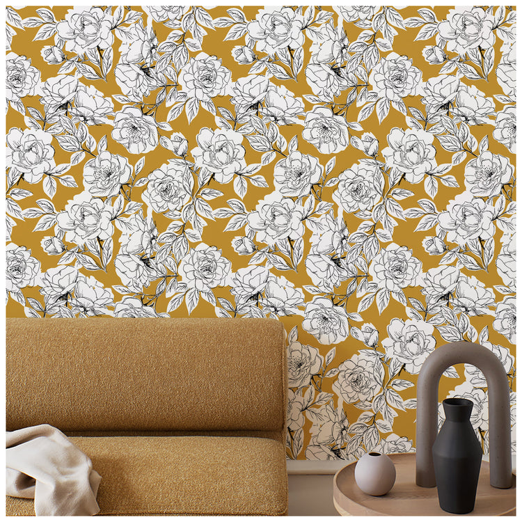 Sketched Floral Wallpaper Peel and Stick Removable Goldenrod Vinyl Self Adhesive Stick on Wall Paper