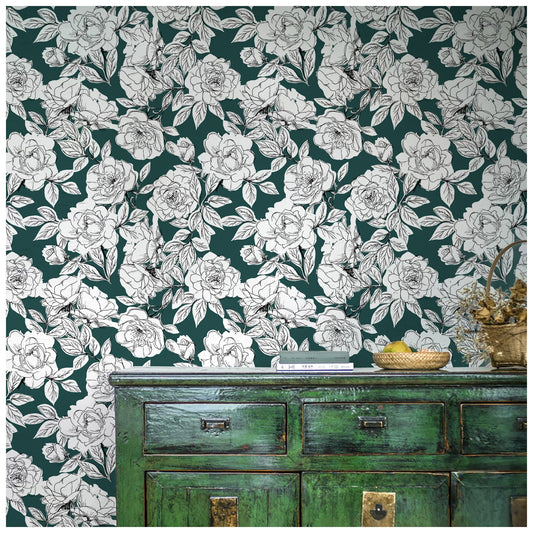 Sketched Floral Wallpaper Peel and Stick Removable Blackish Green Vinyl Self Adhesive